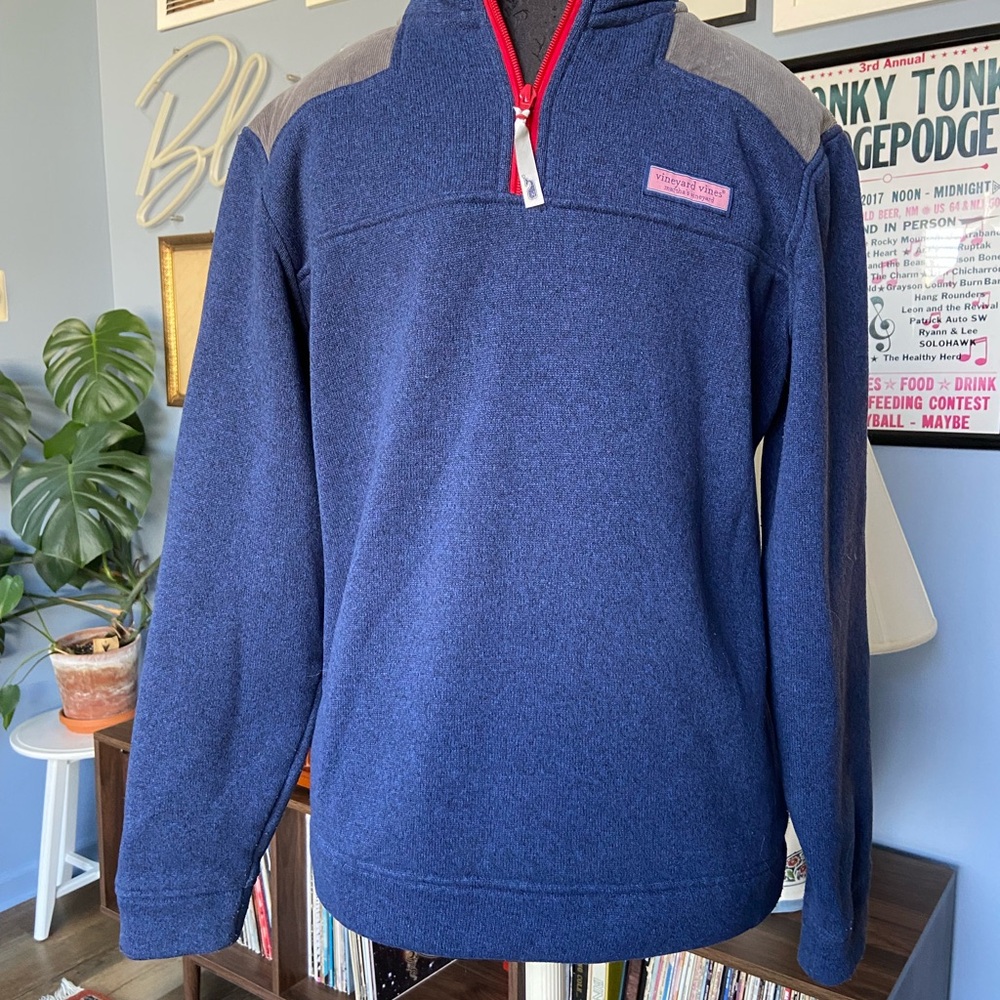 Vineyard Vines Blue and Corduroy Gray Trim Half-Zip Sweater